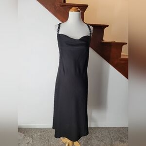 AND NOW THIS  black silky slimming midi dress with black chain straps Size L New